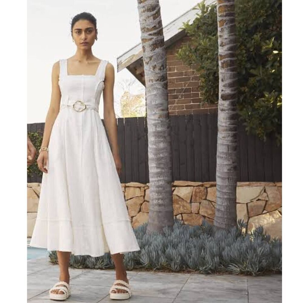 Aje Byblos Linen Belted Midi Dress in Ivory